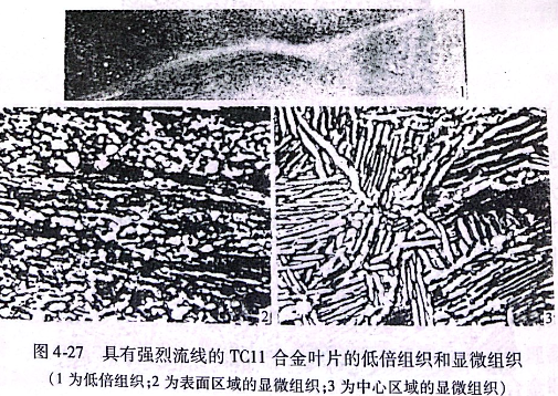 具有強烈流線的TC11合金葉片的低倍組織和顯微組織